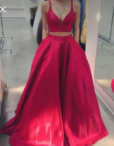 red prom dress, long prom dress, two-pieces prom dress, A-line evening dress, prom dress, BD492