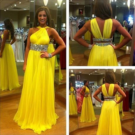 yellow prom dress, long prom dress, elegant prom dress, chiffon prom dress, beading evening dress, BD91