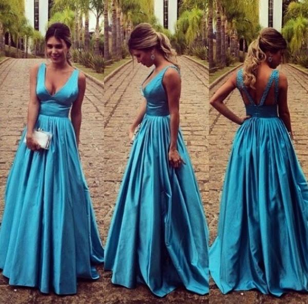 teal prom dress, long prom dress, A-line prom dress, v-neck prom dress, formal evening dress, BD93