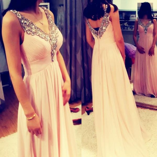 blush pink prom dress, long prom dress, charming prom dress, v-neck prom dress, chiffon evening dress, BD96