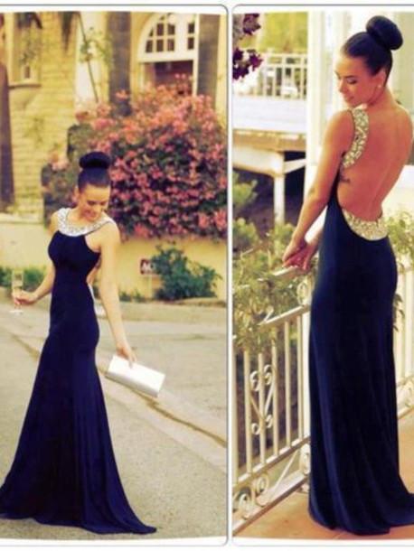 dark navy prom dress, long prom dress, backless prom dress, formal prom dress, mermaid evening dress, BD98
