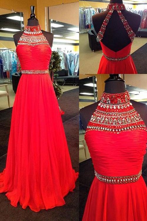 red prom dress, long prom dress, charming prom dress, high neck prom dress, evening gown, BD119