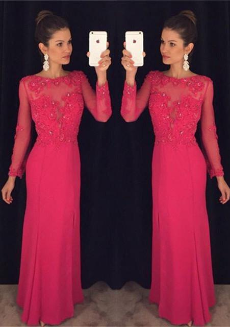 hot pink prom dress, long sleeves prom dress, formal prom dress, charming prom dress, evening gown, BD121