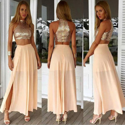 two pieces prom dress, tea-length prom dress, side slit prom dress, high neck prom dress, sparkle evening dress, BD99