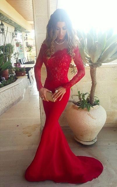 red prom dress, long prom dress, mermaid prom dress, lace prom dress, long sleeves evening dres, BD127