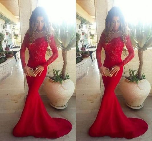 red prom dress, long prom dress, mermaid prom dress, lace prom dress, long sleeves evening dres, BD127