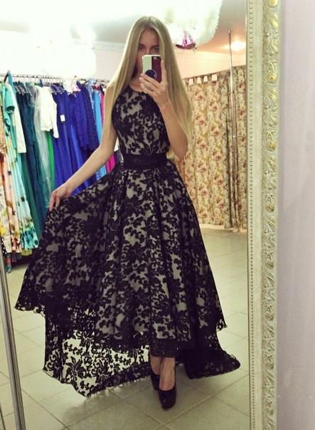 lace prom dress, hi-lo prom dress, black prom dress, charming prom dress, unique evening gown, BD125