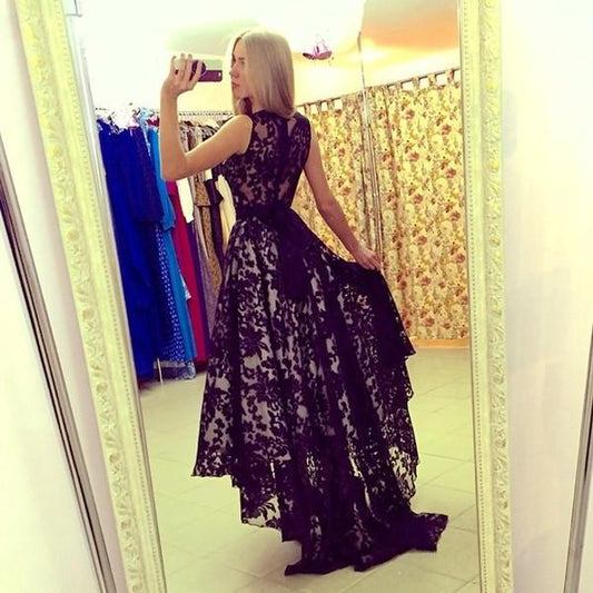 lace prom dress, hi-lo prom dress, black prom dress, charming prom dress, unique evening gown, BD125