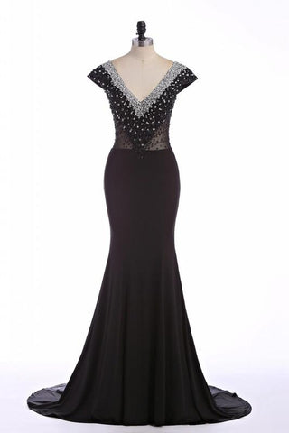 black prom dress, long prom dress, mermaid prom dress, formal prom dress, cap sleeves evening dress, BD130