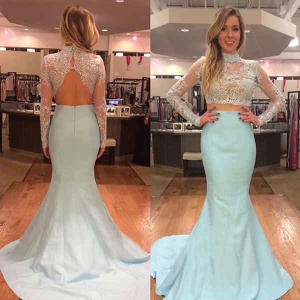 two pieces prom dress, mermaid prom dress, lace long sleeves prom dress, long prom dress, blue evening dress, BD101