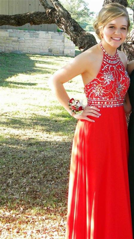 red prom dress, beaded prom dress, chiffon prom dress, long prom dress, charming evening dress, BD100