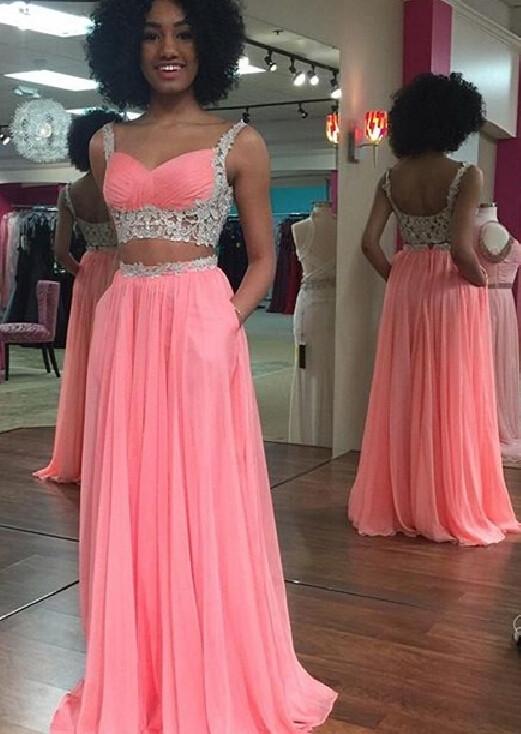 pink prom dress, long prom dress, two pieces prom dress, chiffon prom dress, evening dress, BD133