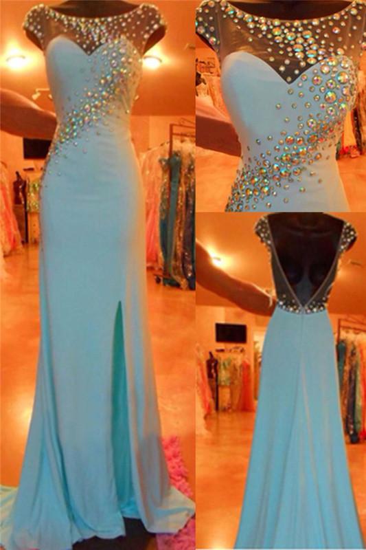 blue prom dress, long prom dress, cap sleeves prom dress, side slit prom dress, evening gown 2017, BD109