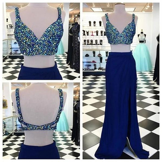 two pieces prom dress, blue prom dress, side slit prom gown, beaded prom dress, popular evening dress, BD153