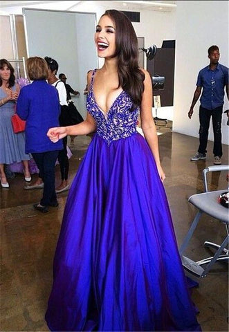long prom dress, A-line prom dress, v-neck prom dress, royal blue prom dress, charming evening gown, BD137
