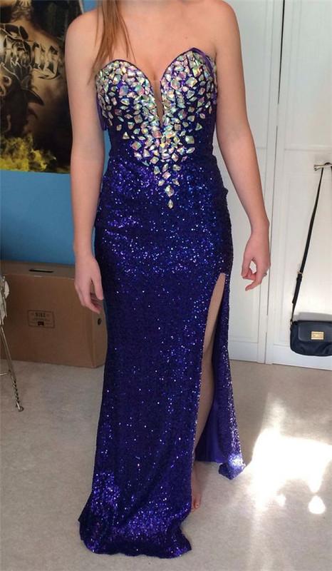 blue sequin prom dress, long prom dress, sparkle prom dress, side slit prom dress, evening dress, BD142