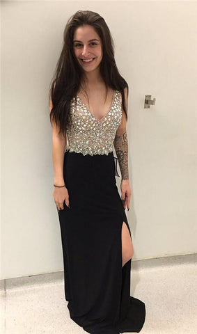 black long prom dress, side slit prom dress, v-neck prom dress, beaded prom dress, charming evening dress, BD136