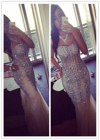 mermaid prom dress, long prom dress, beaded prom gown, charming prom dress, tulle evening dress , BD155