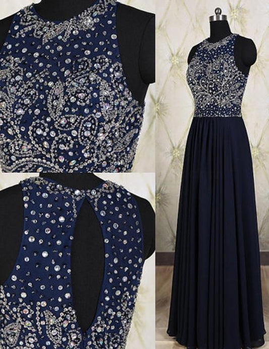 navy prom dress, long prom dress, beaded prom dress, charming prom dress, evening dress, BD140
