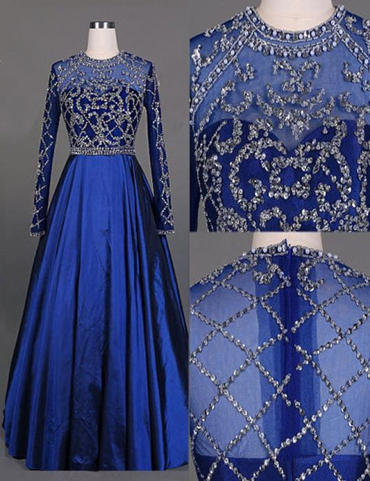 royal blue prom dress, long prom dress, modest prom dress, long sleeves prom dress, A-line evening dress, BD92