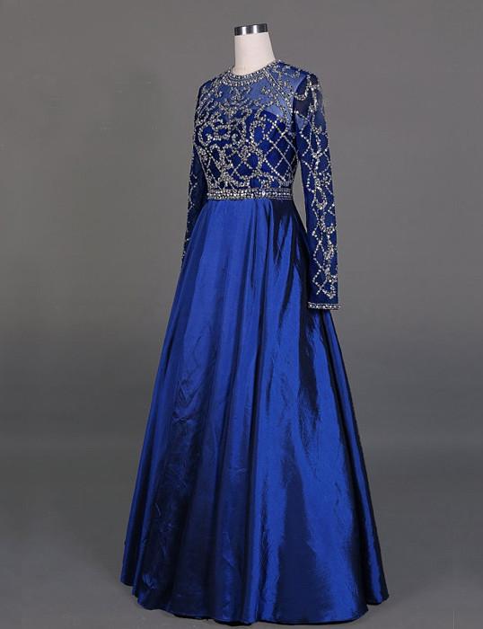 royal blue prom dress, long prom dress, modest prom dress, long sleeves prom dress, A-line evening dress, BD92