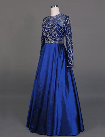 royal blue prom dress, long prom dress, modest prom dress, long sleeves prom dress, A-line evening dress, BD92