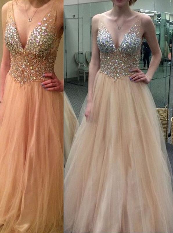 tulle prom dress, v-neck prom dress, beaded prom gown, charming prom dress, evening gown, BD147