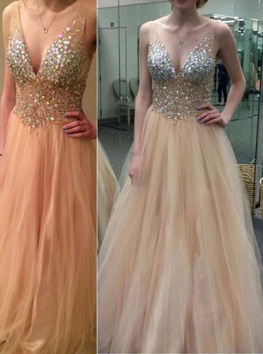 tulle prom dress, v-neck prom dress, beaded prom gown, charming prom dress, evening gown, BD147