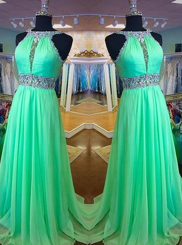green prom dress, long prom dress, formal prom dress, chiffon prom dress, beadded evening dress, BD103