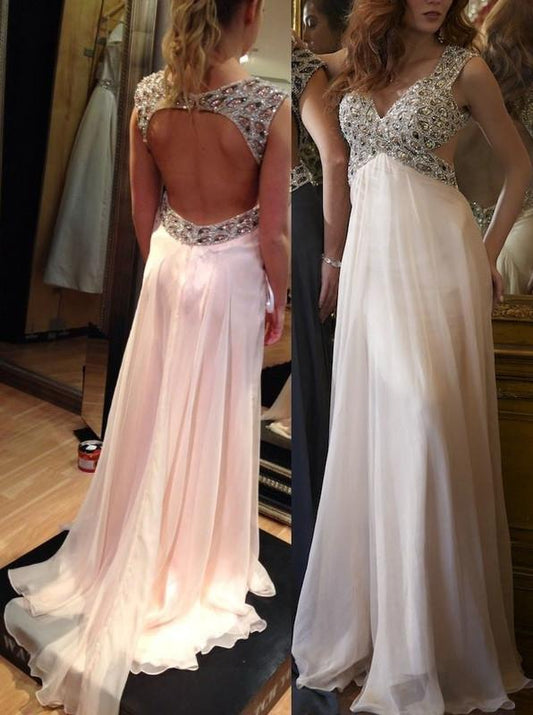 light pink prom dress, long prom dress, chiffon prom dress, open back prom dress, evening dress, BD105