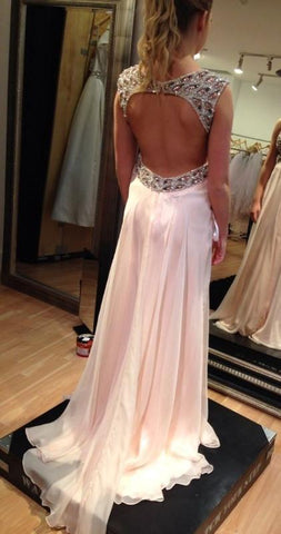 light pink prom dress, long prom dress, chiffon prom dress, open back prom dress, evening dress, BD105