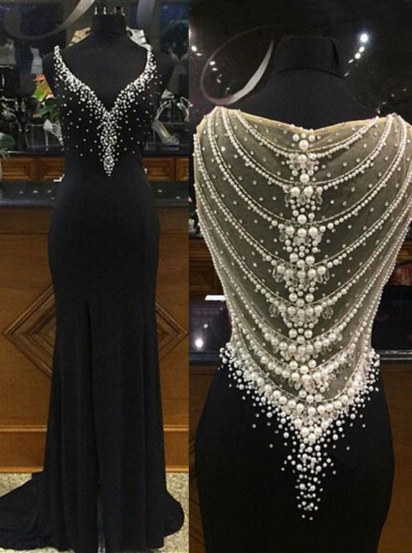 black prom dress, charming prom dress, v-neck prom gown, beaded prom dress, evening gown, BD148