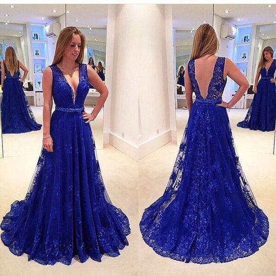 dark blue prom dress, long prom dress, lace prom dress, v-neck evening dress, prom dress, BD379