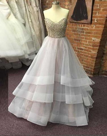 Sweetheart long A-line tulle sequin top prom dress, evening gown, PD1317