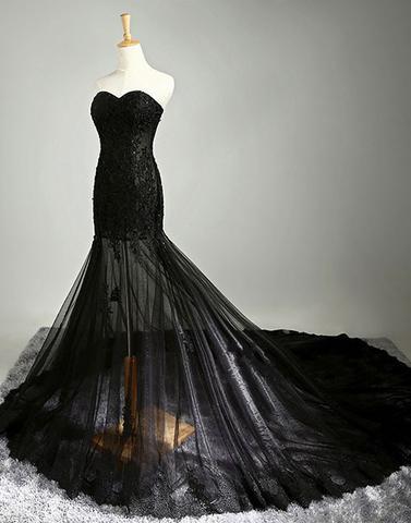Long Sweetheart Black Lace Mermaid  Prom Dress, PD8529