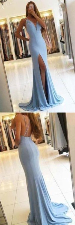 elegant pear blue formal long simple prom dress with side slit evening dress, PD12123
