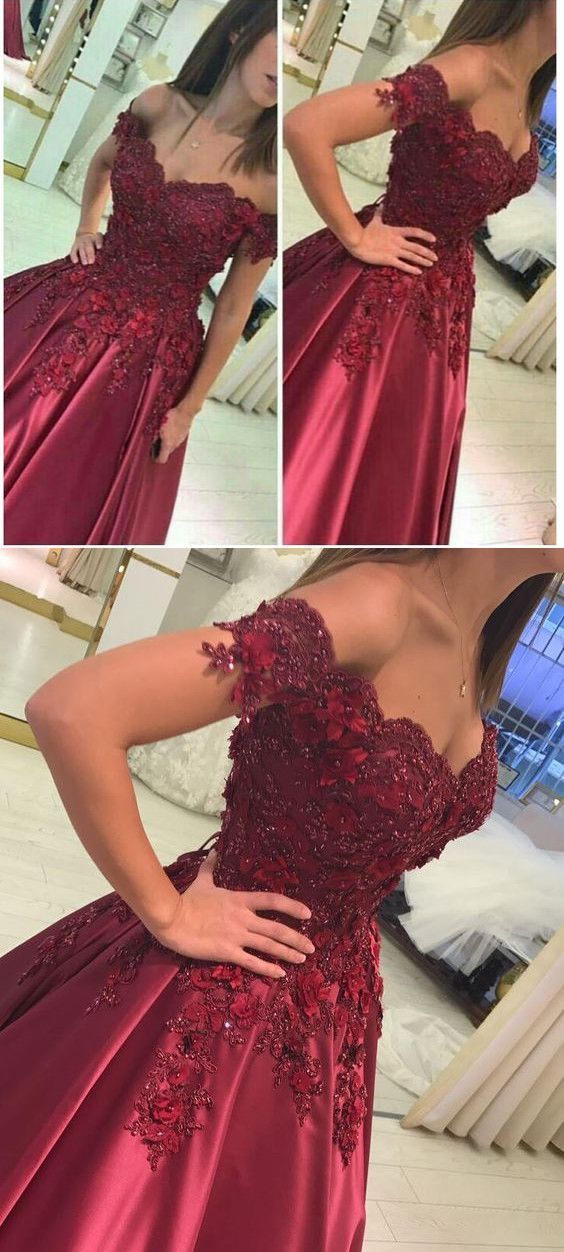 off shoulder burgundy lace A-line long prom dress, BD7770