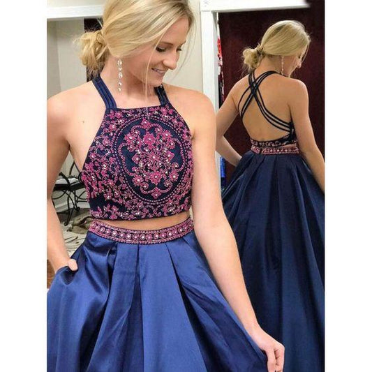 navy two pieces open back long party dress with pockets, BD748