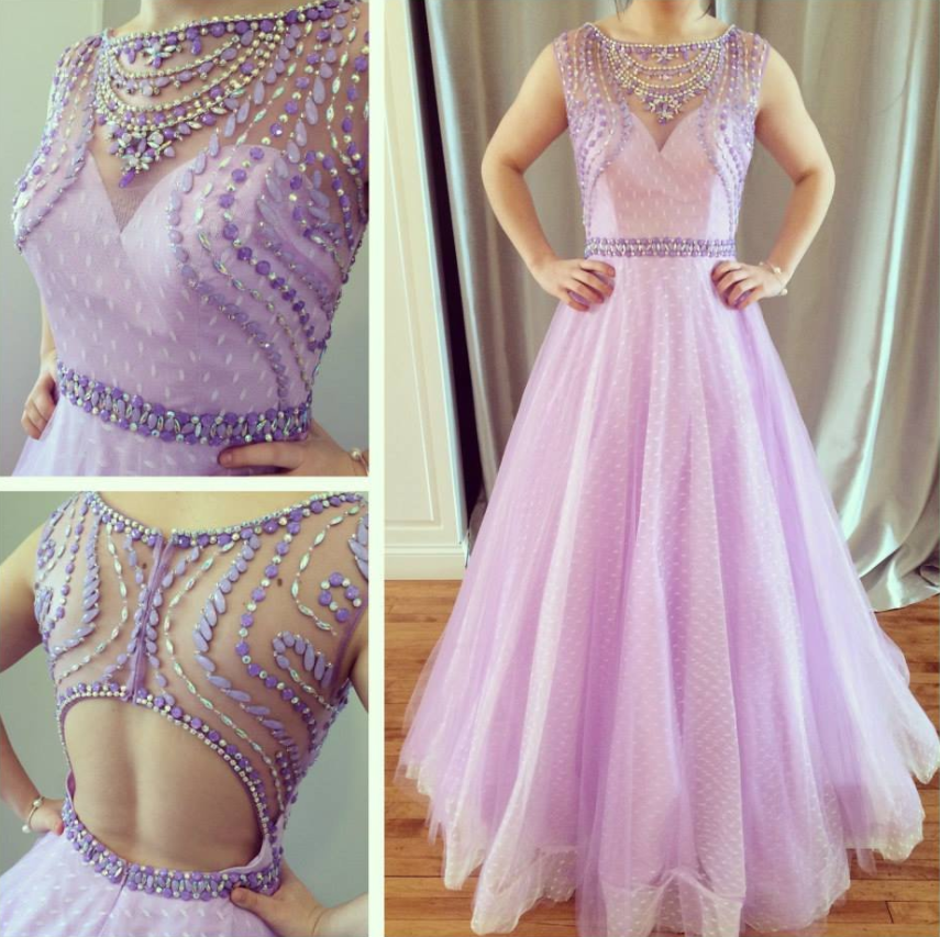 charming open back lilac tulle A-line beaded long prom dress, PD9672