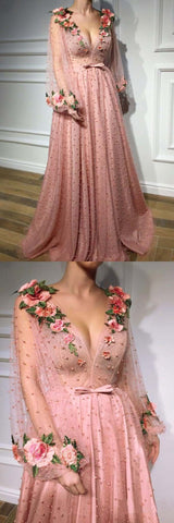 3D Floral Long Sleeve Pink Prom Dresses, Pearl Beaded V Neck Formal Dresses