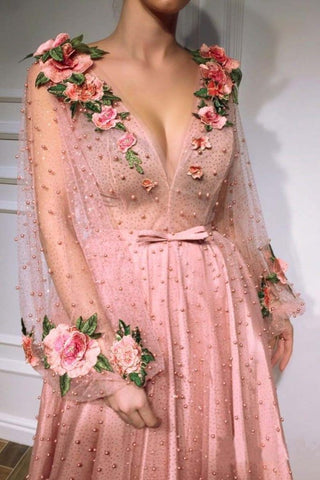 3D Floral Long Sleeve Pink Prom Dresses, Pearl Beaded V Neck Formal Dresses