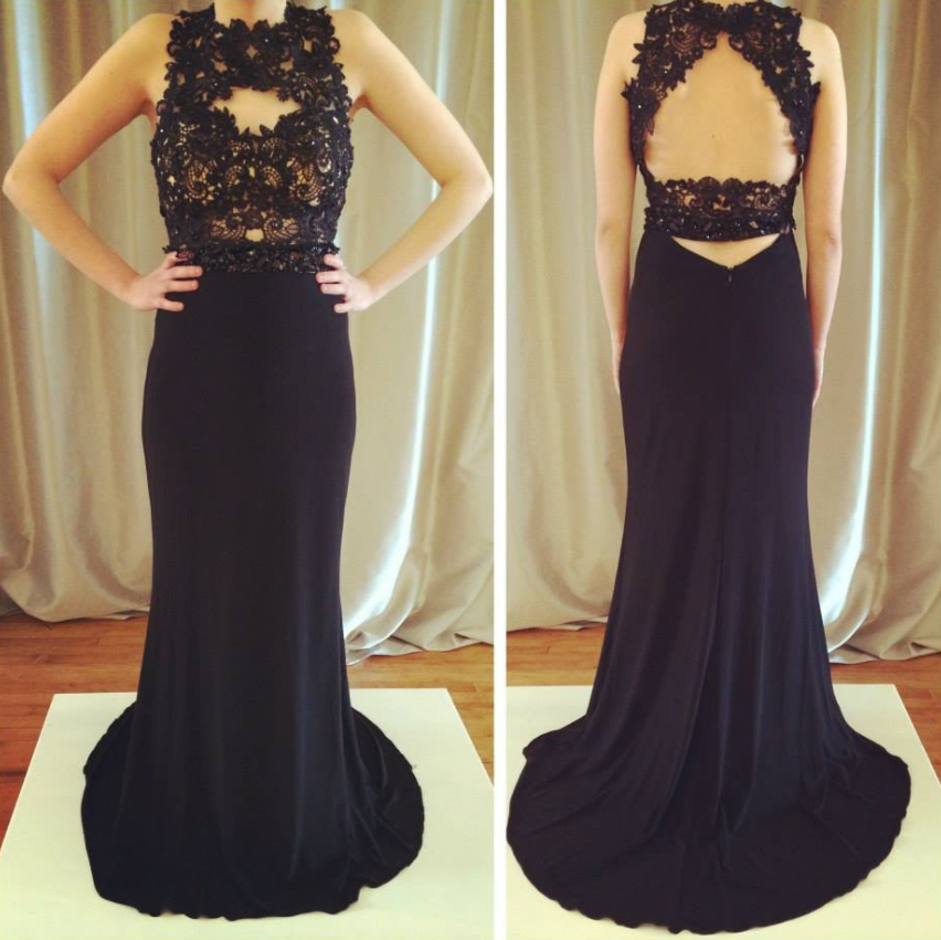 lace top black long open back prom dress, PD9674