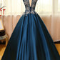 high neck dark teal A-line long prom dress, PD2137