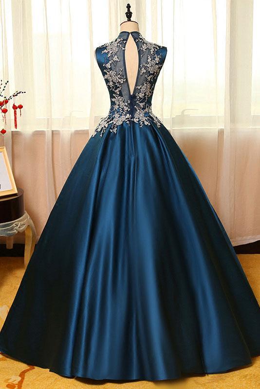 high neck dark teal A-line long prom dress, PD2137