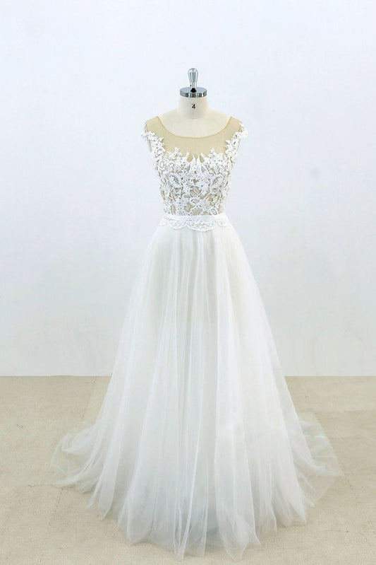 cap sleeves white tulle long wedding prom dress, PD7850