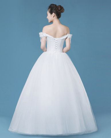 Off shoulder floor-length beaded A-line wedding dress, wedding dress, WD77