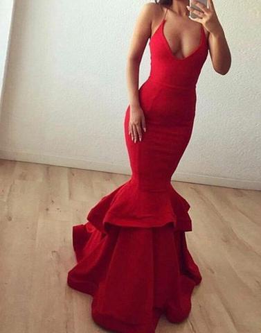 mermaid red spaghetti straps long evening dress, PD1297