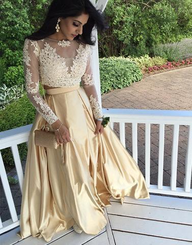 two pieces gold lace long sleeves floor-length prom dress, PD1306