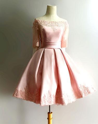 pink short A-line sleeves satin homecoming prom dress, PD3327