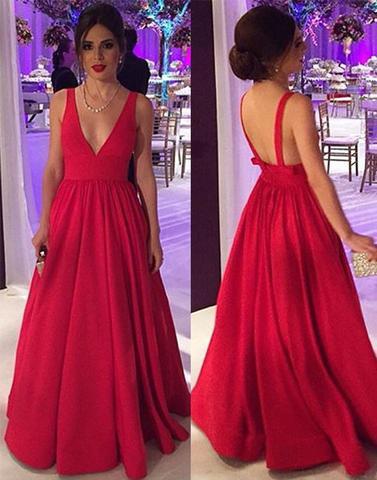 red A-line satin long prom dress, formal v-neck evening gown, PD1296